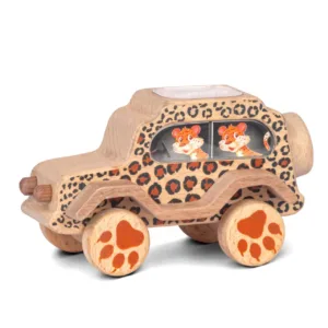 Wooden leopard toy car with paw print wheels