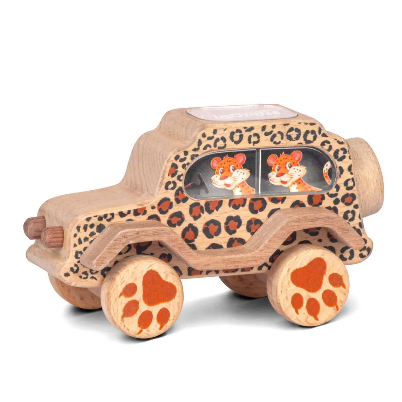 leopard 01 Wooden leopard toy car with paw print wheels