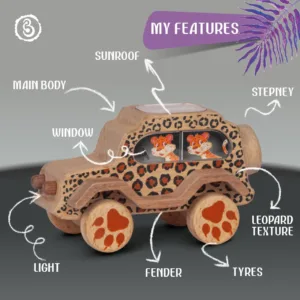 A wooden toy jeep with a brown and black leopard spot pattern and orange paw-print wheels.