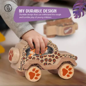 Child playing with a spotted leopard wooden car, with a purple "My Durable Design" banner.