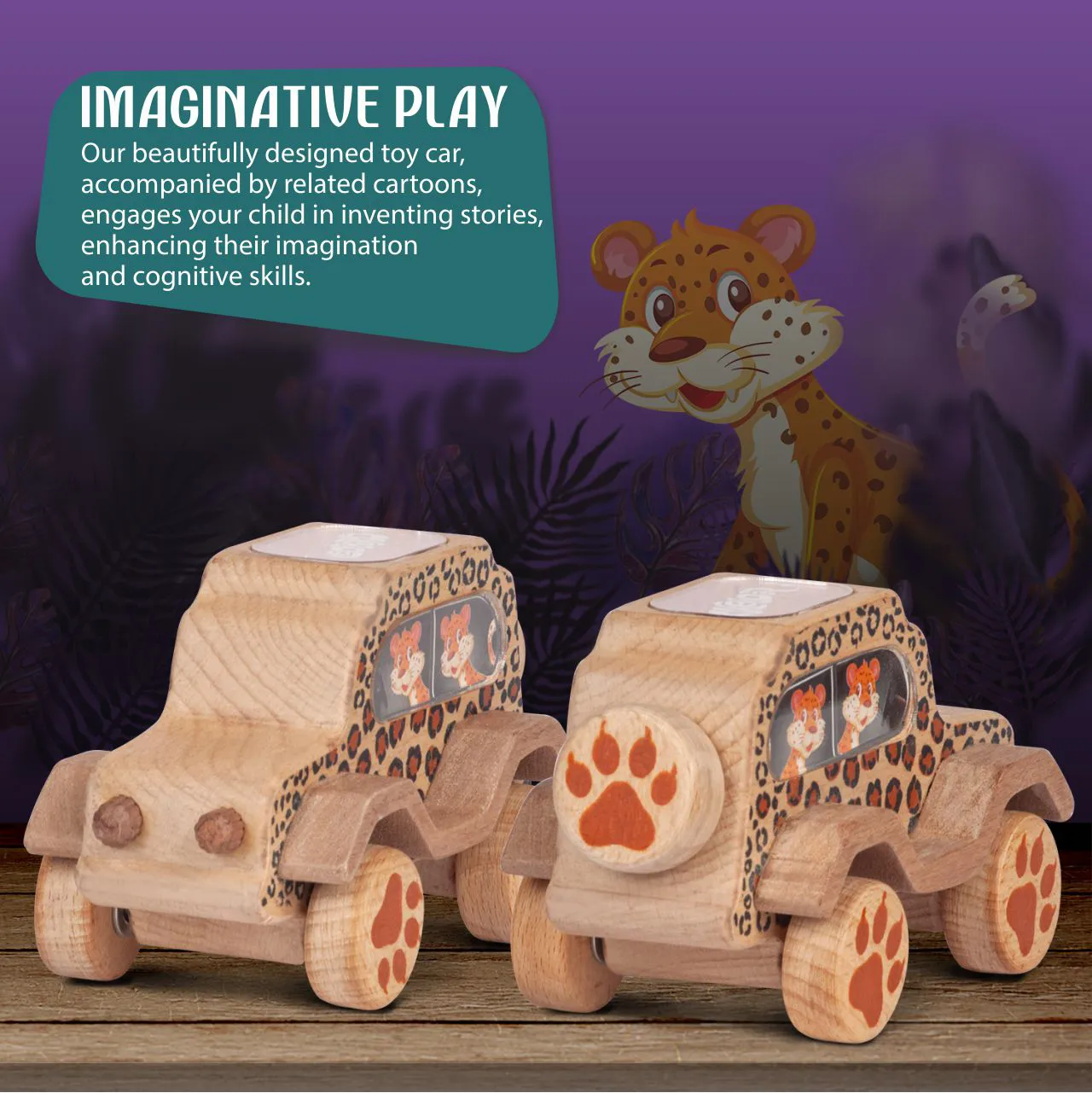 leopard 04 A spotted wooden leopard car under a child's hand with a purple banner.