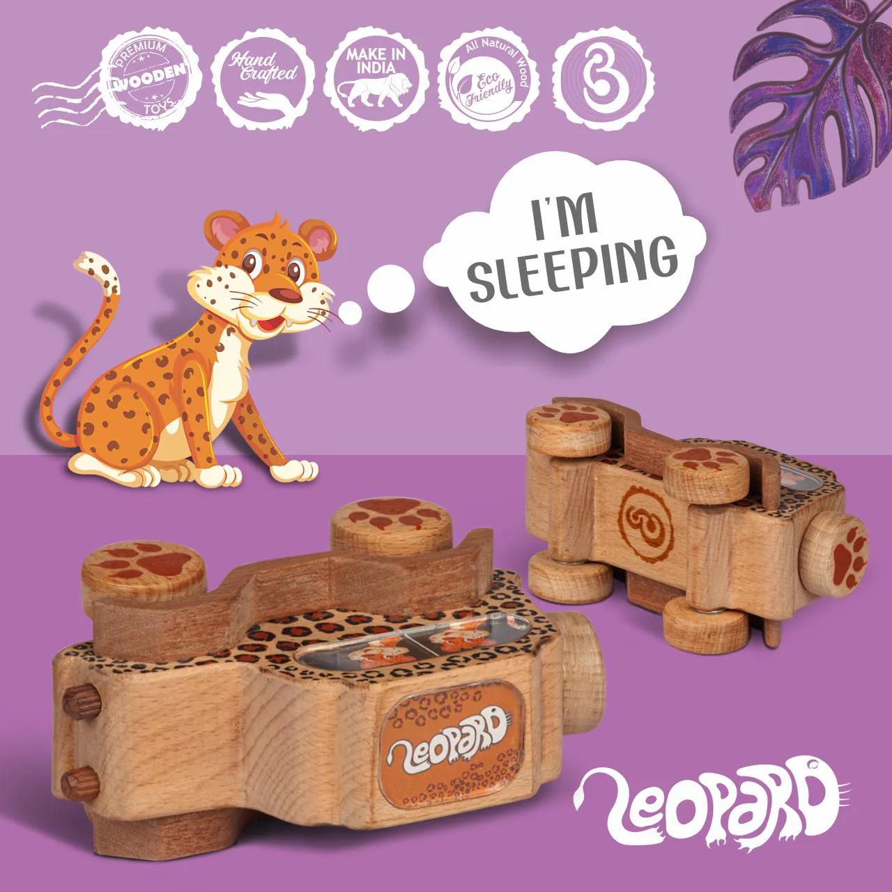 leopard 06 Leopard print handmade wooden toy camera with natural wood finish.