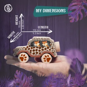 Leopard-spotted wooden toy car showing a height of 72 mm and a length of 132 mm.