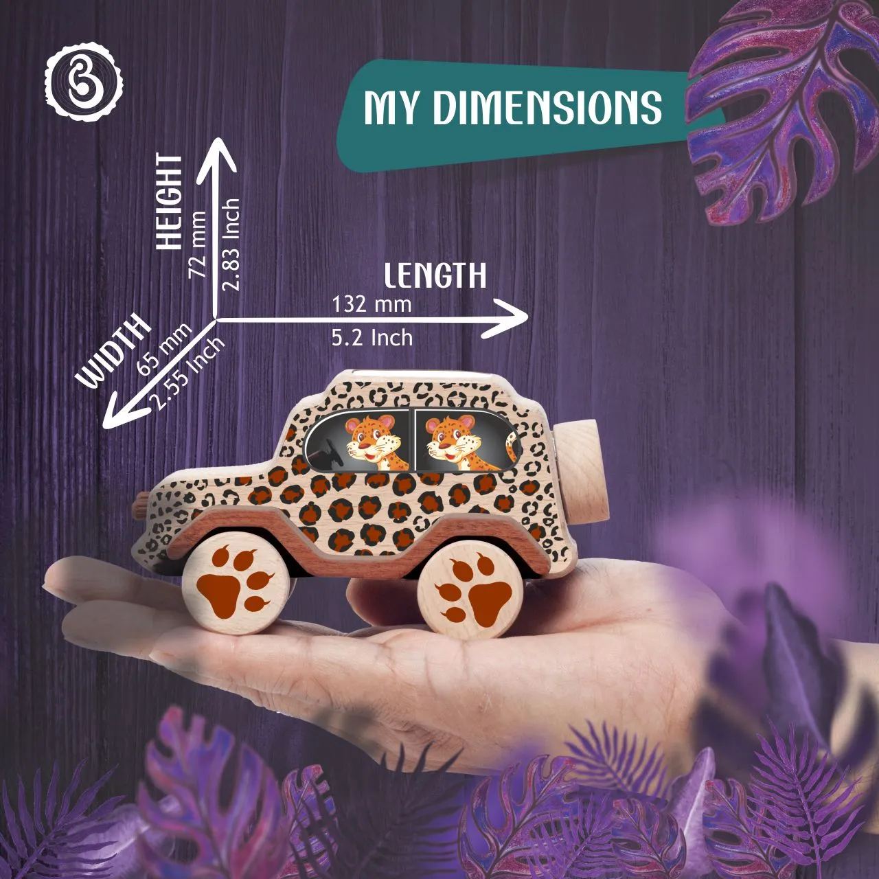 leopard 07 Leopard-spotted wooden toy car showing a height of 72 mm and a length of 132 mm.