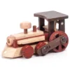 Front-angled view of a wooden locomotive toy with a cowcatcher.
