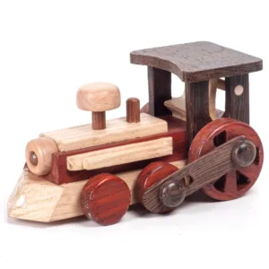 Front-angled view of a wooden locomotive toy with a cowcatcher.