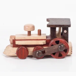 Full side profile of a wooden toy locomotive on a white background.
