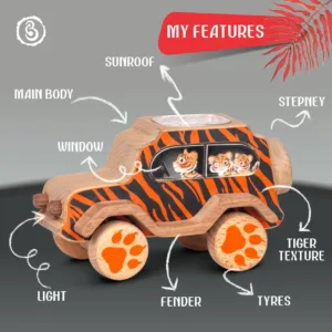 An orange and black striped wooden toy jeep with tiger cubs in the window and paw-print wheels.