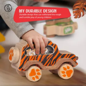 A wooden tiger toy being handled by a child, featuring a red banner about its durable design.