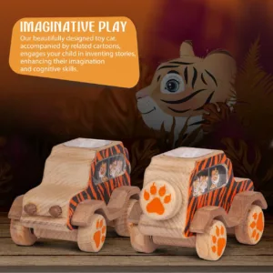Hand grasping a wooden tiger car featuring a red durability banner.