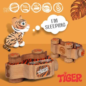 Handcrafted tiger-patterned wooden camera toy for toddlers.