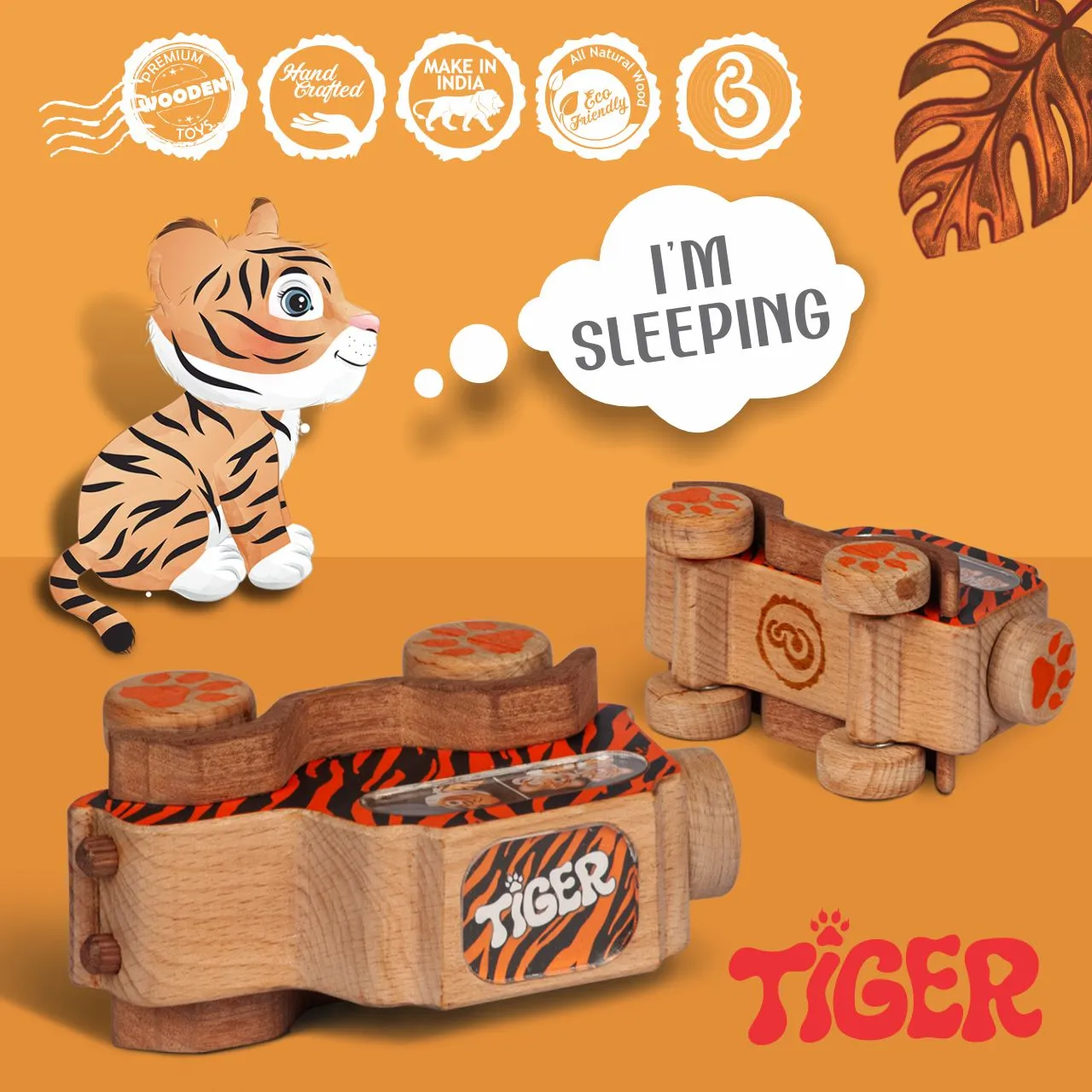 tiger 06 Handcrafted tiger-patterned wooden camera toy for toddlers.