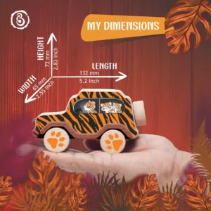 Tiger-striped wooden toy car dimensions: 5.2 inch length, 2.83 inch height, and 2.55 inch width.