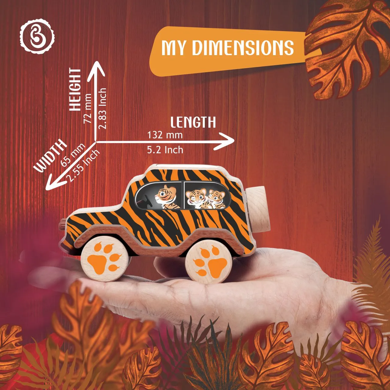 tiger 07 Tiger-striped wooden toy car dimensions: 5.2 inch length, 2.83 inch height, and 2.55 inch width.