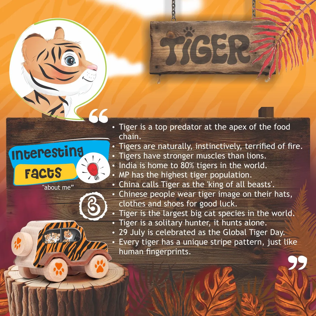 tiger 08 Tiger-themed wooden toy car with dimensions of 5.2 inches long and 2.83 inches high.