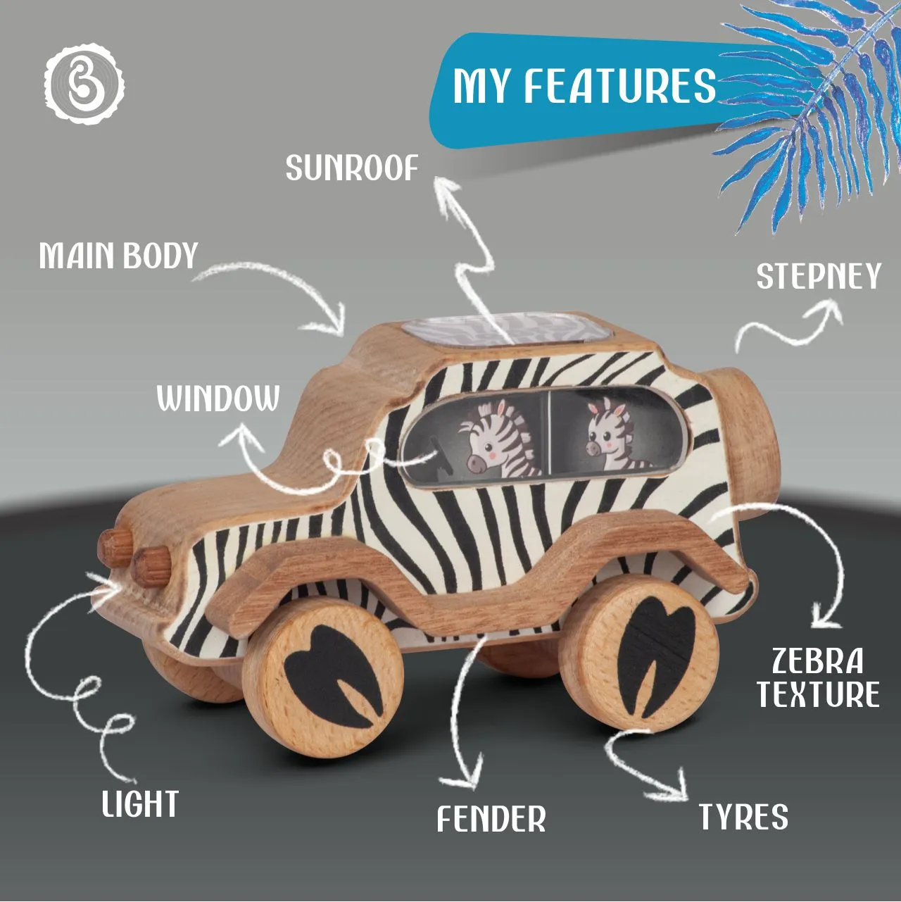 zebra 02 A wooden toy jeep with black and white zebra stripes, featuring zebra characters in the windows and hoof-print designs on the wheels.