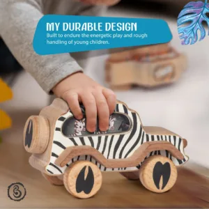 A child's hand gripping a wooden zebra toy car, with text highlighting its build for rough handling.