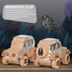 Child's hand on a wooden zebra car with text about enduring rough play.