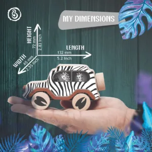 zebra-print wooden toy car with dimensions of 132 mm in length, 72 mm in height, and 65 mm in width.
