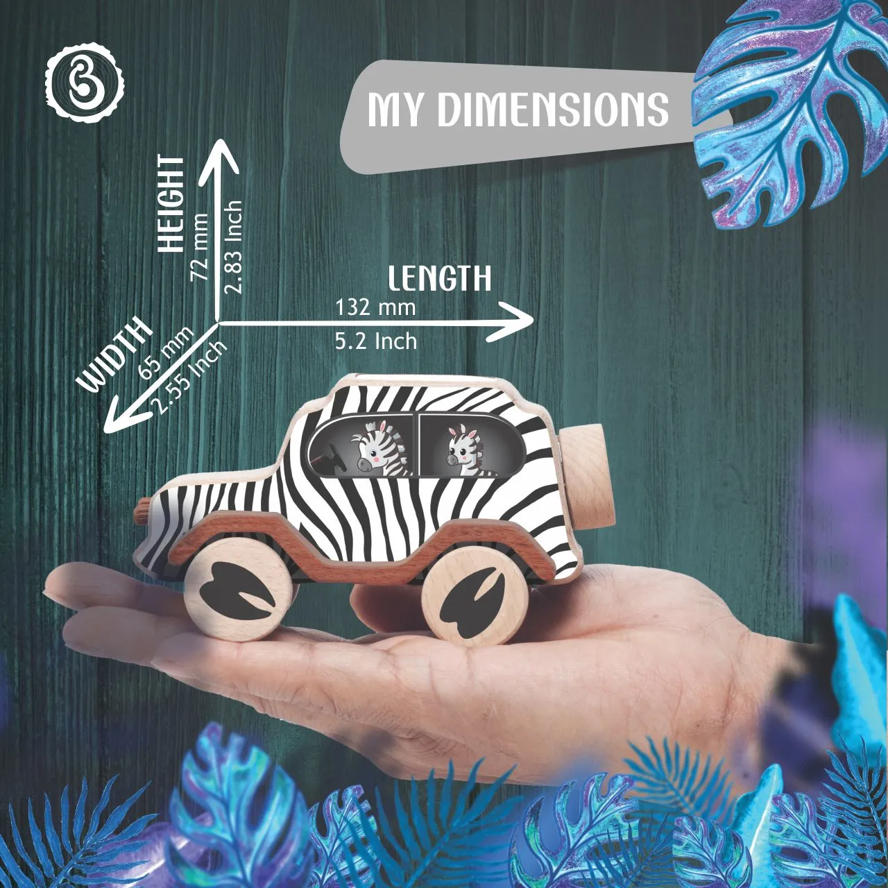 zebra 07 zebra-print wooden toy car with dimensions of 132 mm in length, 72 mm in height, and 65 mm in width.