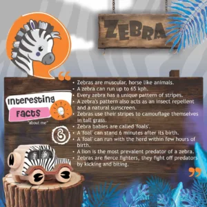 A zebra-print wooden toy car measuring 132 mm in length, 72 mm in height, and 65 mm in width.