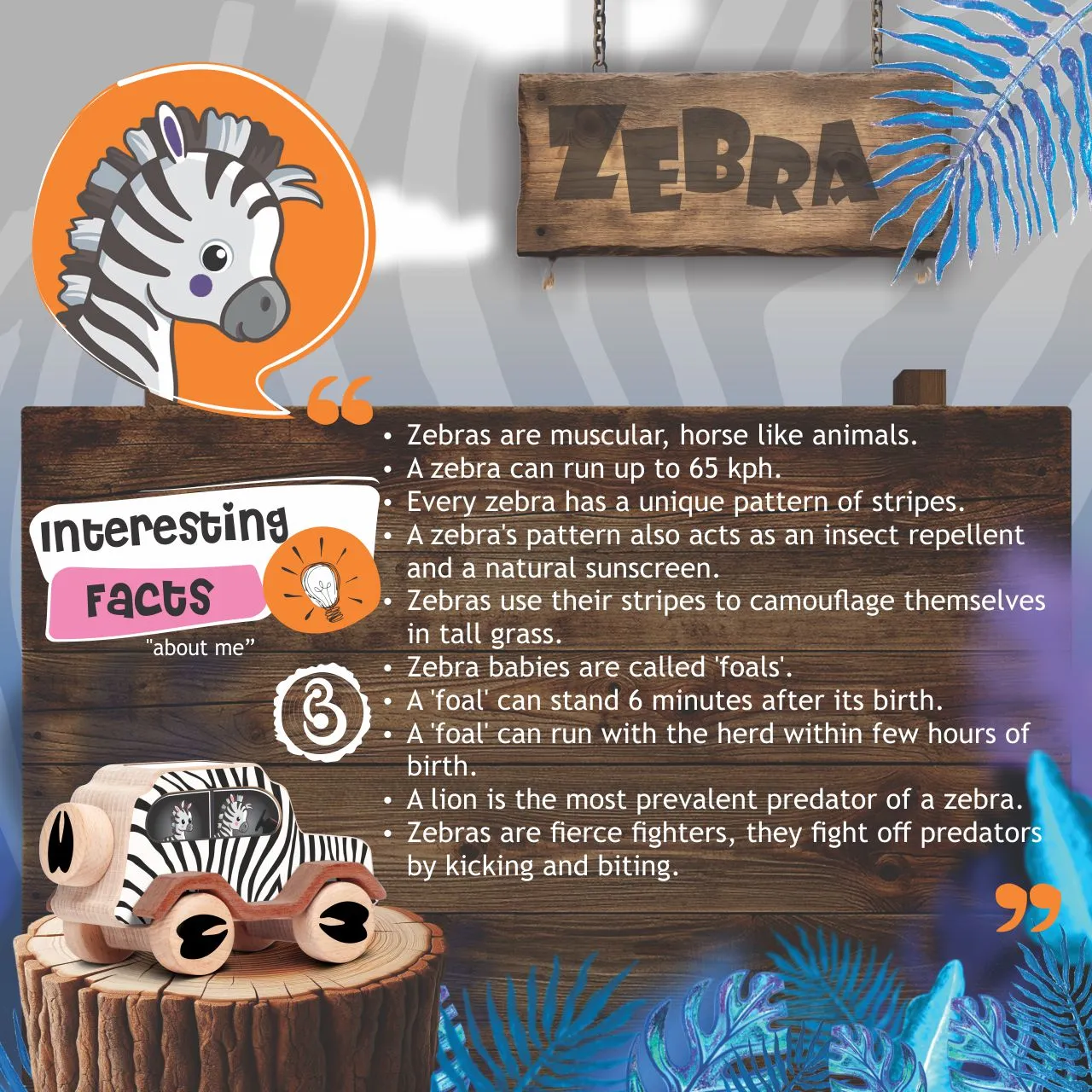 zebra 08 A zebra-print wooden toy car measuring 132 mm in length, 72 mm in height, and 65 mm in width.