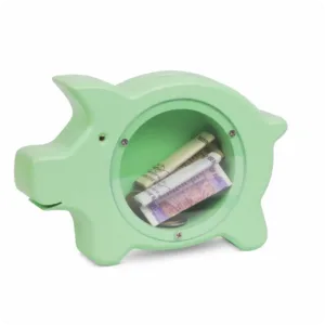 Green wooden piggy bank with transparent window and currency inside.