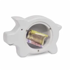 Grey wooden piggy bank with transparent window and currency inside.