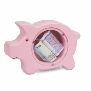 Pink wooden piggy bank with transparent window and currency inside.
