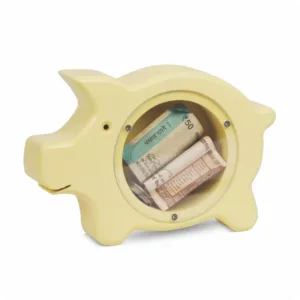 Yellow wooden piggy bank with transparent window and currency inside.