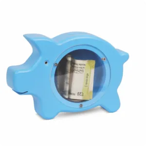 Blue wooden piggy bank with transparent window and currency inside.