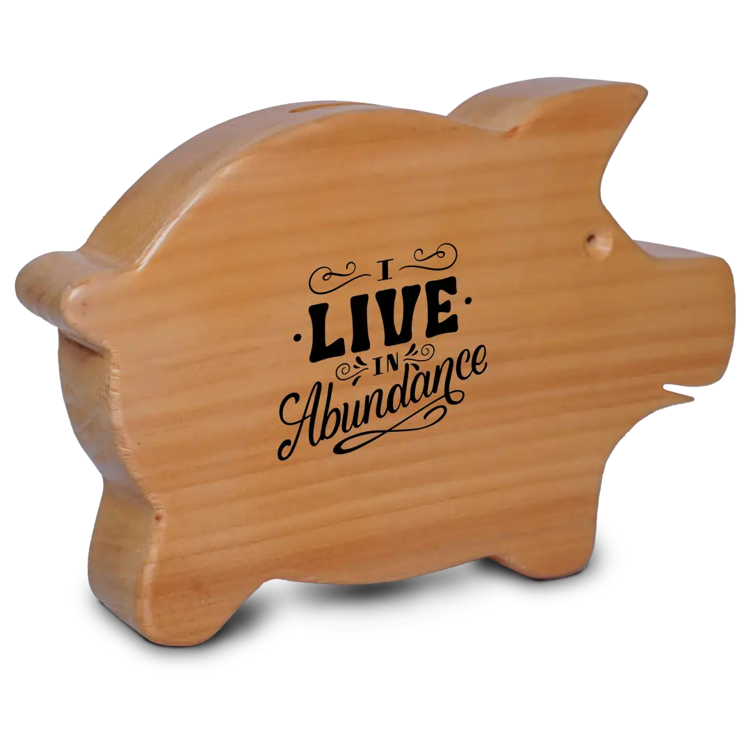 pig_money_back Wooden pig-shaped money bank with coins inside.