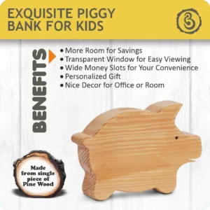 Wooden piggy bank for kids with savings features.