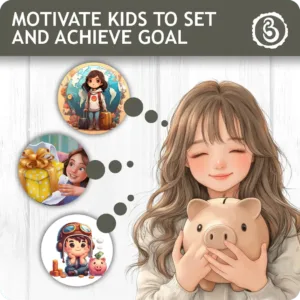 Girl holding a piggy bank with goal-setting visuals.