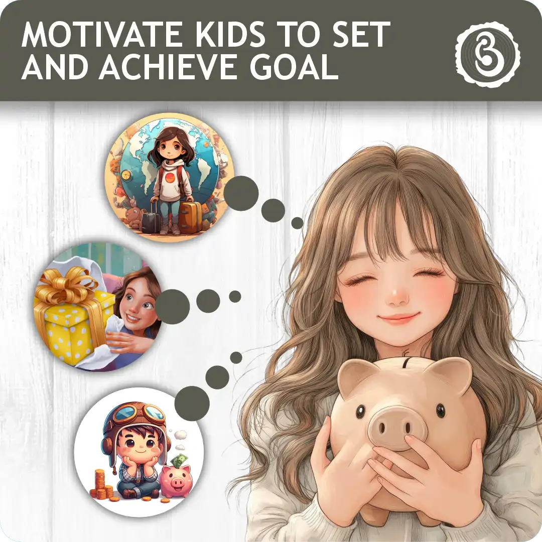 piggy05 Girl holding a piggy bank with goal-setting visuals.
