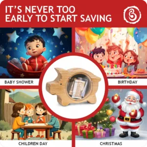 Wooden piggy bank with kids and celebration themes.