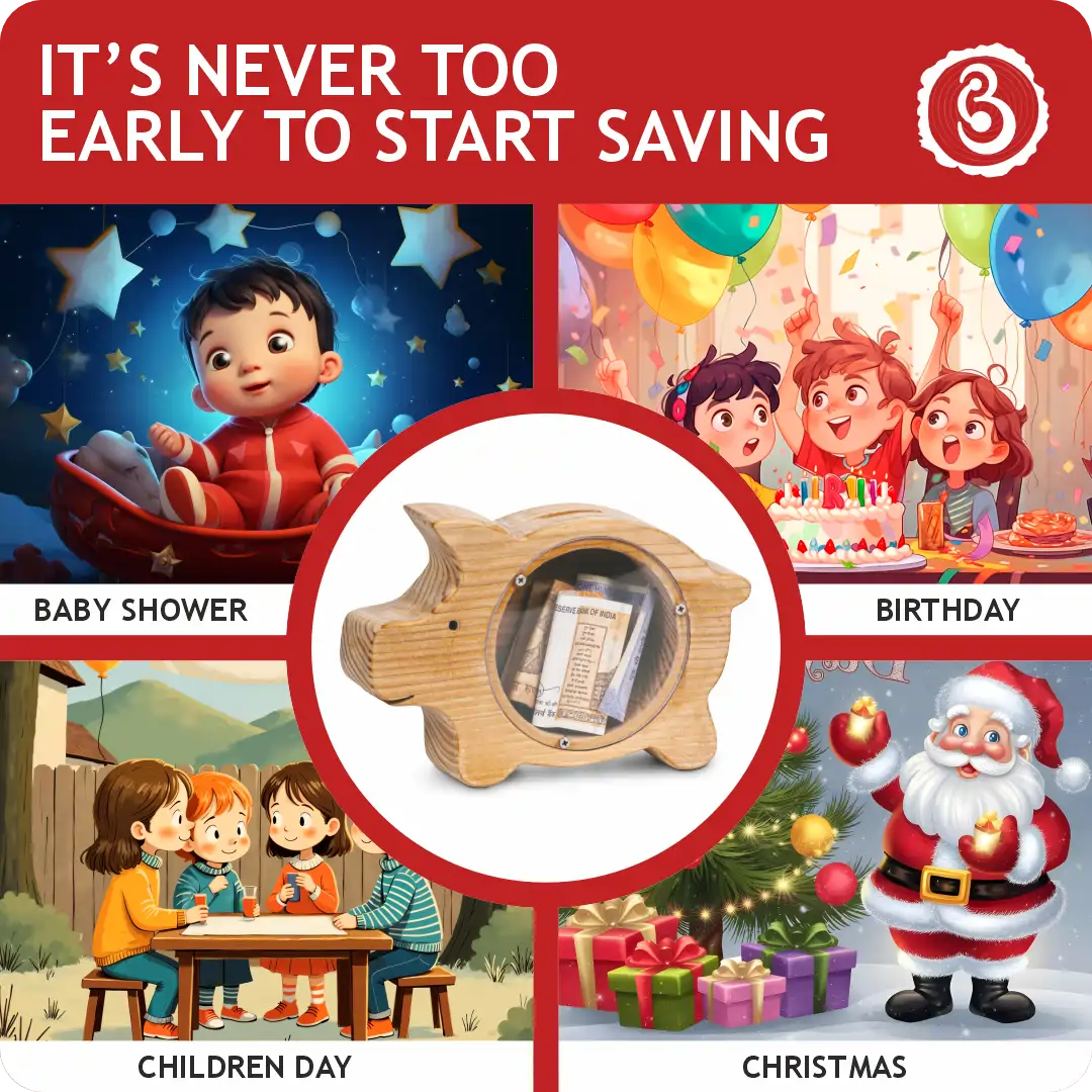 piggy06 Wooden piggy bank with kids and celebration themes.