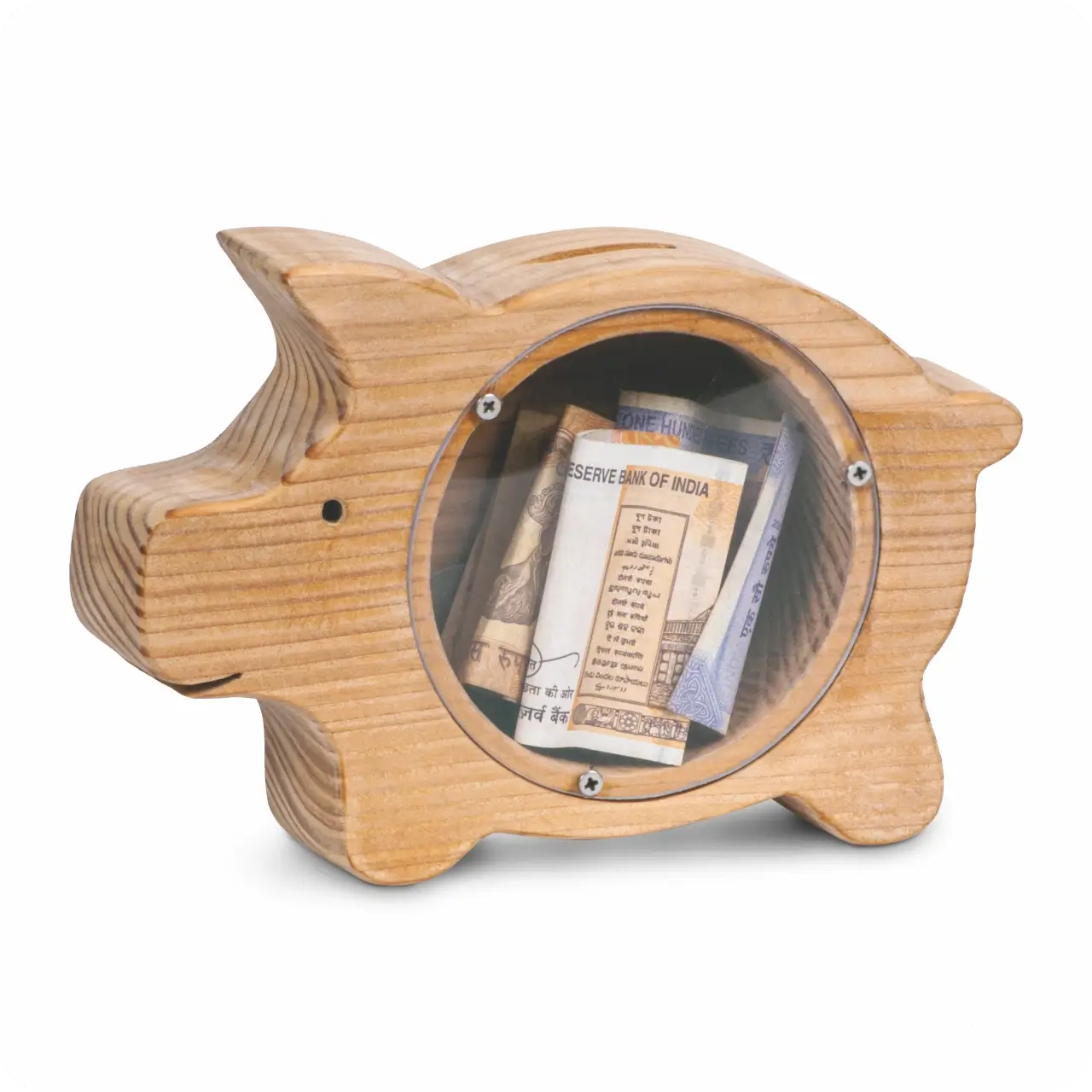 piggybankraw (1) Wooden piggy bank with transparent window and cash inside.