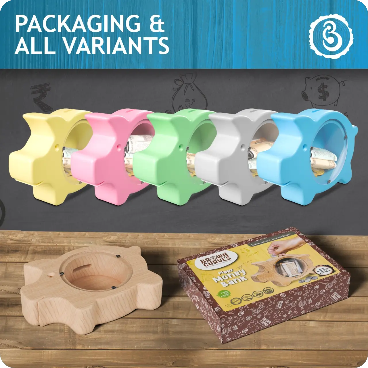 piggycolor (1) Colorful piggy bank variants with packaging.