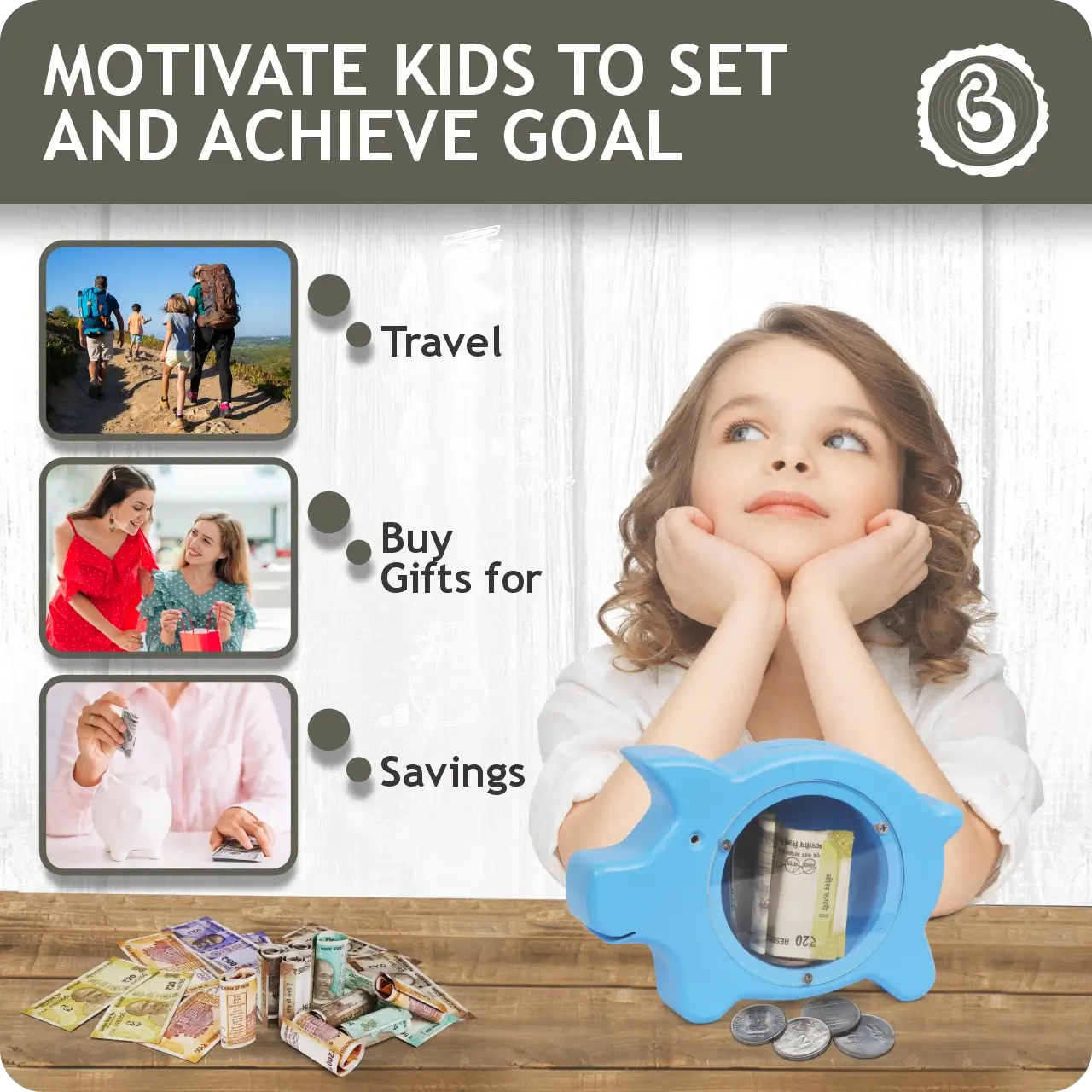 piggycolor (6) Girl with a blue piggy bank dreaming about goals.