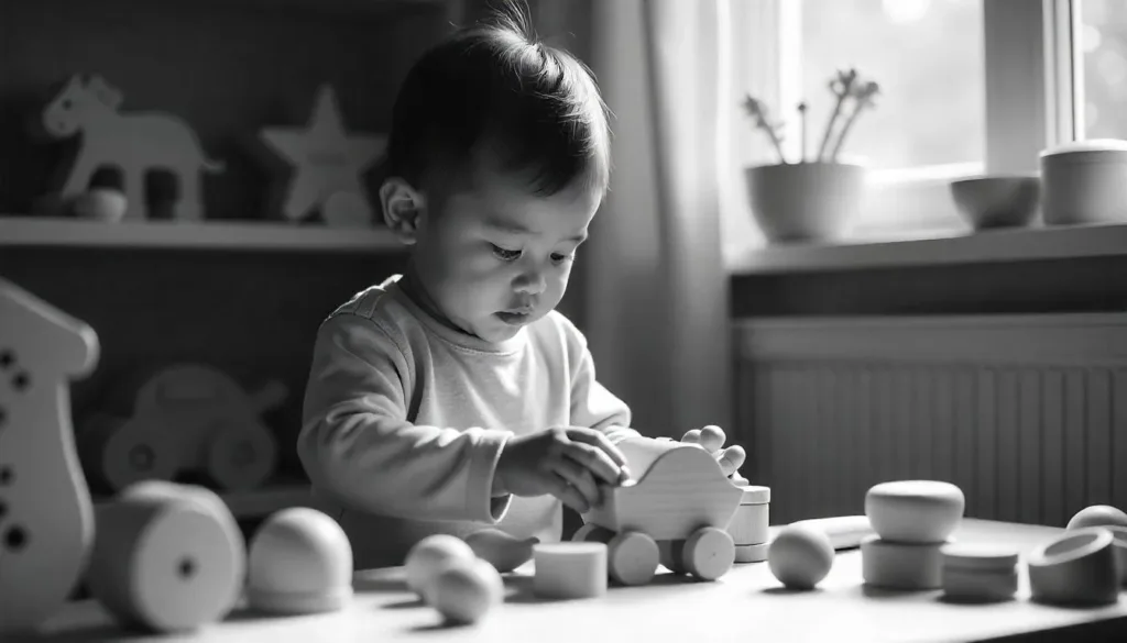 Toddler playing with wooden toy.