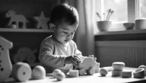 Toddler playing with wooden toy.