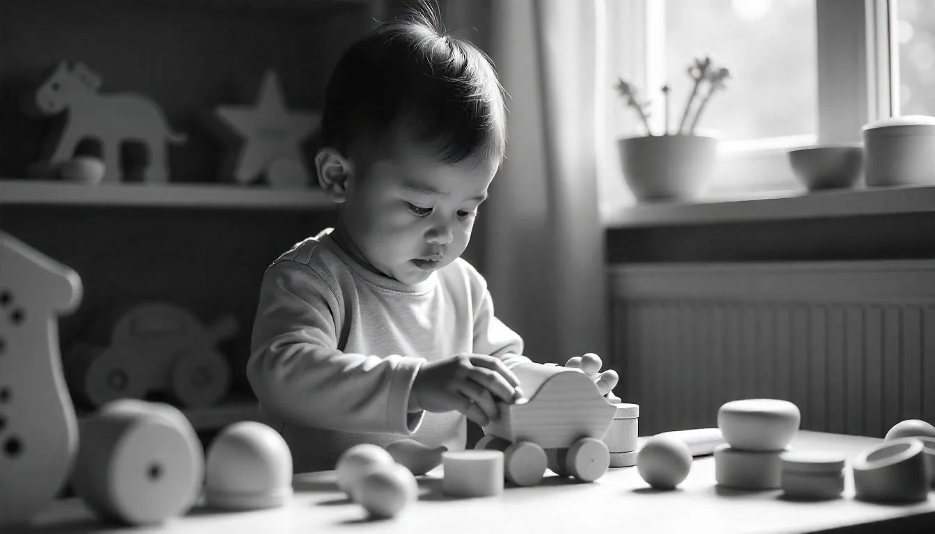 Toddler playing with wooden toy.