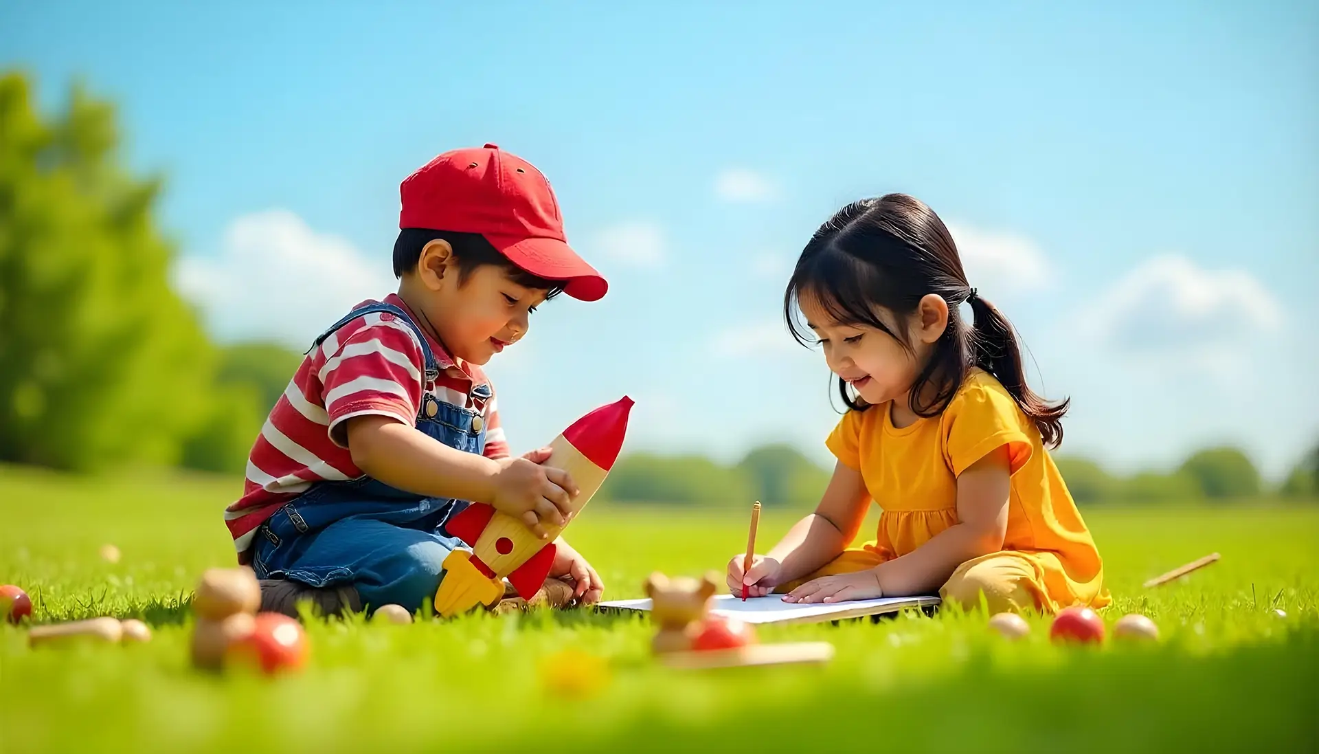 Children playing and drawing outdoors.