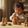 Toddler stacking wooden rings.