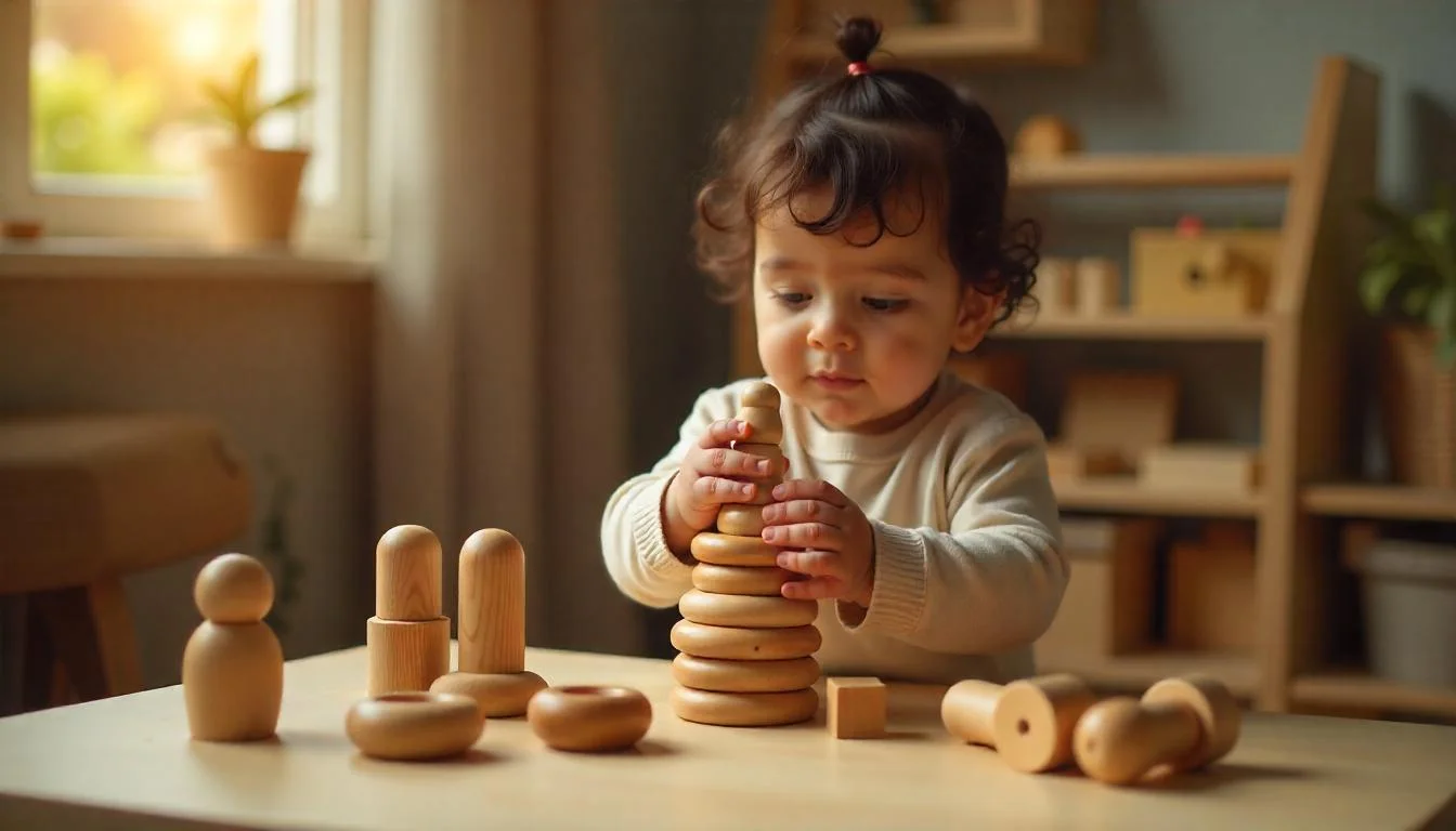Toddler stacking wooden rings.