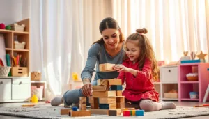 Mother and child playing with wooden blocks.