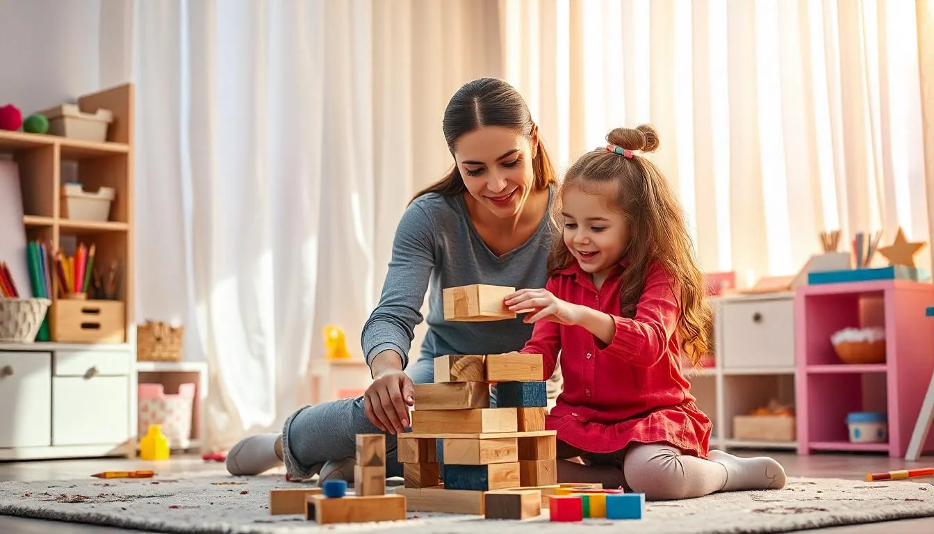 Mother and child playing with wooden blocks.