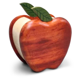 Handcrafted wooden apple-shaped desk organizer on a white background.