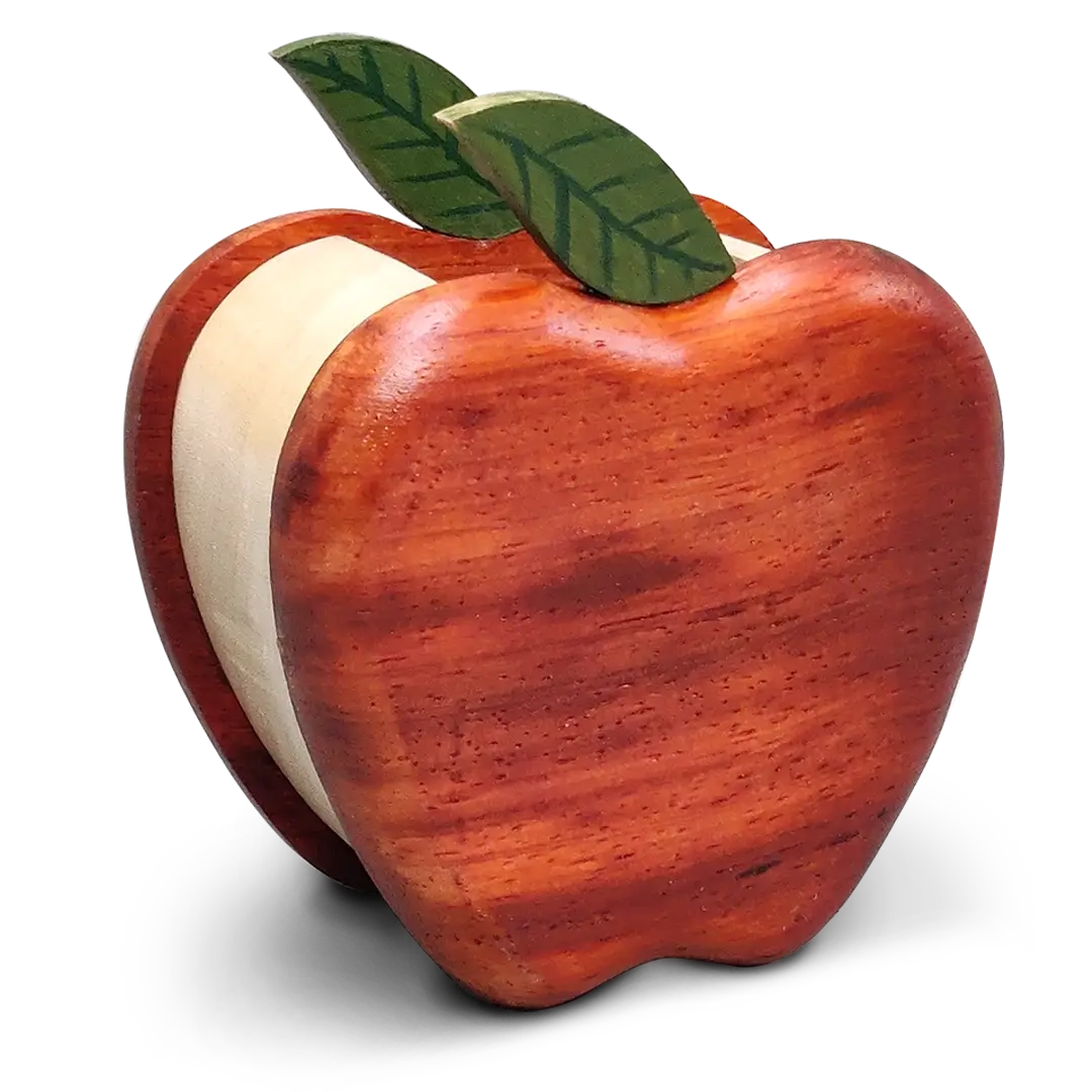 apple1 Handcrafted wooden apple-shaped desk organizer on a white background.